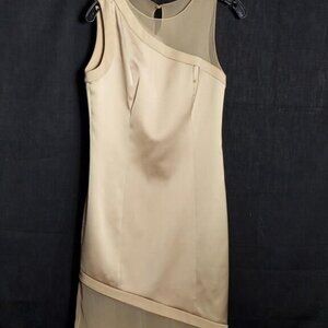 Sally LAPOINTE khaki SILK sheath dress one shoulder sheer mesh cocktail NWT sz 0